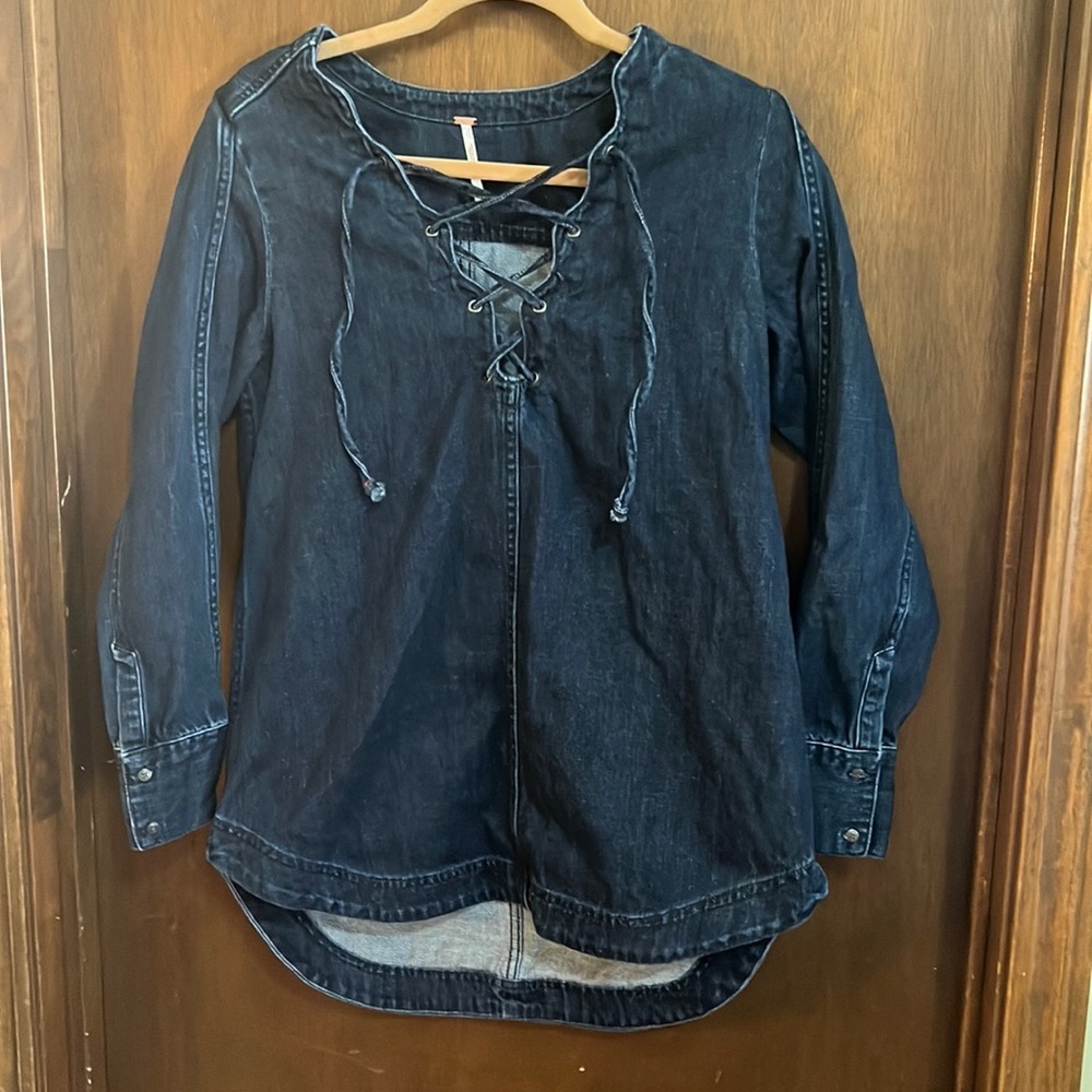 Free People XS Denim Lace Up Plunge Tunic - Picture 2 of 9